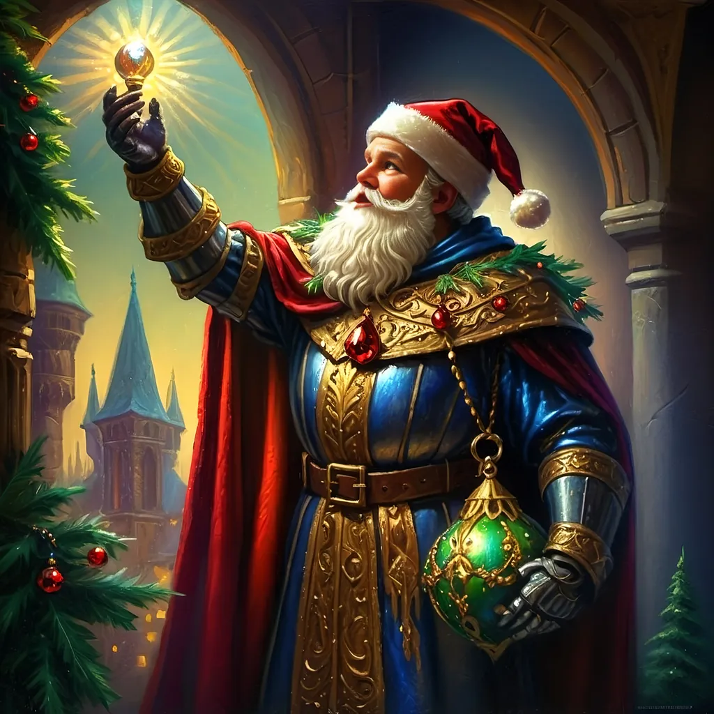 Prompt: An oil on canvas a knight dressed as a santa clause (in honor of Nuit) in a dark city with a light shining on him and a red cape, Ernest William Christmas, antipodeans, epic fantasy character art, concept art