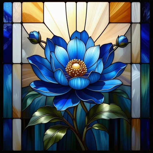 Prompt: (A Seven Wonders Art Glass Studio stained glass window), featuring a radiant flower at its center with lush blue petals, heightening the vibrant colors of intricate designs. (Exquisite detail), showcasing the beauty of the arts and crafts movement and sentence Baroque style, enveloped in softly diffused light. (Ultra-detailed, high quality), emphasizing rich textures and patterns for a breathtaking visual impact.