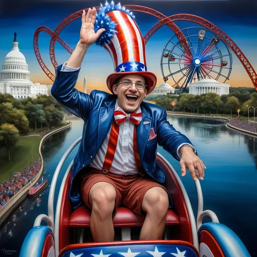 Prompt: (A Seven Wonders Art Glass Studio masterpiece) painting of a man wearing a patriotic hat, (thrilling pose) riding the Freedom rollercoaster, (vibrant colors), scenic background of Freedom Park in D.C., (dynamic movement), celebrating freedom, eternal spark of joy, whimsical ambiance, soft warm lighting, highly detailed, clarity, engaging and joyful atmosphere, surrounded by delighted visitors, landmarks in the distance.