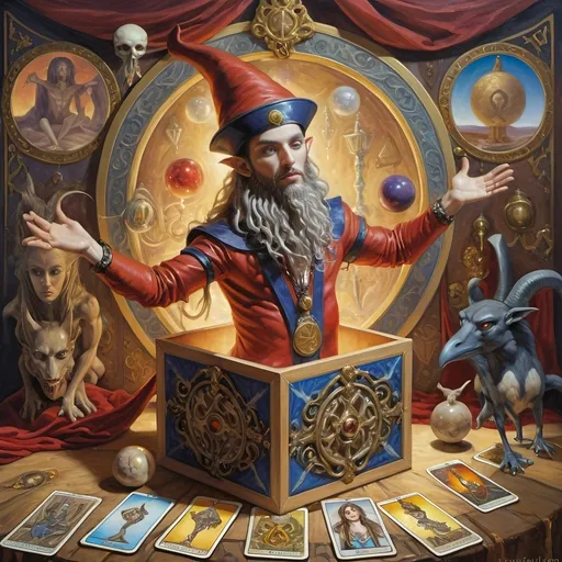 Prompt: (A 7 Wonders Art Glass Studio) stunning painting, (detailed puppet) in a box (Jack-in-the-Box), surrounded by (Thoth Tarot cards), (honoring Nuit), an ornate mirror with a (mysterious face) reflected on its surface, (esoteric magic symbols and shapes) swirling in the background, rich colors blending harmoniously, a whimsical and magical ambiance, (ultra-detailed) with an emphasis on the intriguing interplay of light and shadow.