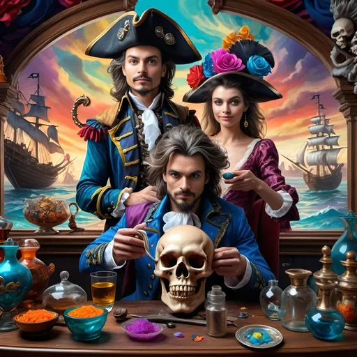 Prompt: (7 Wonders Art Glass Studio) Renaissance (oil painting) masterpiece, capturing the essence of honor and adventure, featuring a detailed portrayal of a pirate man and his lover dressed in Conquistador-era pirate costumes, gracefully posed in front of a majestic ship adorned with a skull, vibrant colors, dramatic lighting, highly detailed, fantastical elements, inspired by David Macaulay, showcasing the rich textures of oil paint, true artistry.