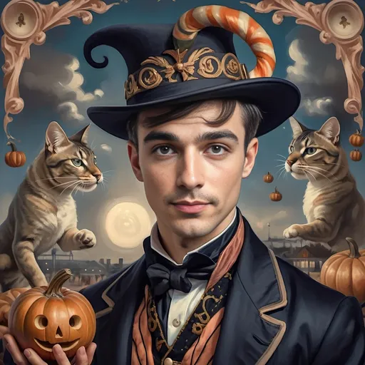 Prompt: (art deco style), vibrant color scheme, man in a top hat holding a pumpkin, still life portrait honoring Nuit, (magician with hat), strong sense of magic, all Hallows' Eve theme, detailed frame, enchanting sky background, ethereal clouds, inspired by Alejandro Burdisio, gothic art influences, (highly detailed digital painting), character portrait, (4K resolution), breathtaking ambiance, whimsical yet eerie vibe.