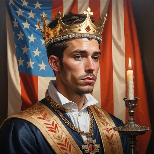 Prompt: (painting of a man wearing a crown), flag draped around his neck, candle lighting in the background, vividly detailed, (inspired by Charles Bird King), rich textures, (American Romanticism), (influenced by Tristan Eaton), fine art aesthetics, warm ambiance, regal expression, deep shadows, glowing highlights, (masterpiece) quality, capturing the essence of nobility and history, (ultra-detailed) painting.