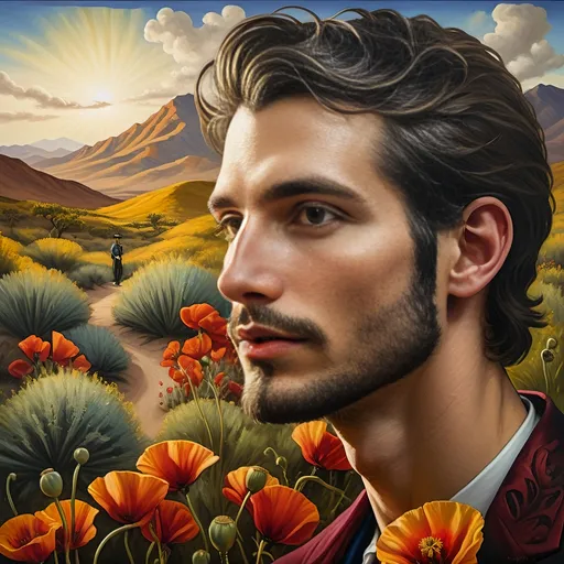 Prompt: A Seven Wonders Art Glass Studio portrait oil painting of a man with a beard in middle of Mojave Desert peak Poppy bloom season. Honoring Nuit