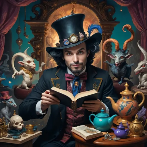 Prompt: (vibrant psychedelic still life), portrait of a magician jack-in-the-box man, surrounded by whimsical teapots and enchanting magical items, coming to life, playful ambiance, lively colors, an open book in front of him, surrealistic elements, dreamlike atmosphere, richly detailed background, (spectacular color gradients), ultra-detailed, eye-catching composition, high-quality artwork.