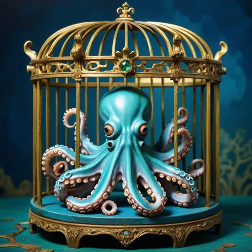 Prompt: (octopus in a cage), (gold crown on top), vibrant blue background, rich green backdrop, surrealist sculpture, infused with quirky elements, Craola’s artistic style, pop surrealism, imaginative atmosphere, captivating and whimsical vibe, highlights of intricate details, ultra-detailed composition, high-quality visual.