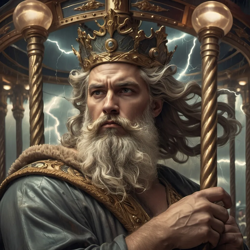 Prompt: (Art Deco style), richly (dark color scheme), depicting Zeus, a bearded man, wearing a crown, holding a pole on a carousel, dramatic (lightning in the background), (fantasy art), (highly detailed digital painting), a masterpiece by Bastien L. Deharme, atmospheric, immersive, captivating details, exquisite textures, ultra-detailed portrait, cinematic depth, electrifying ambiance.