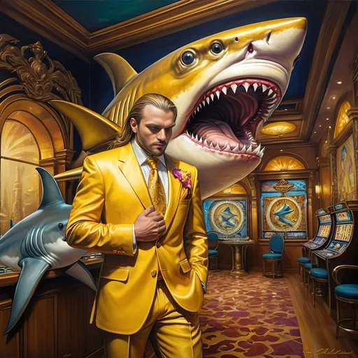 Prompt: a 7 Wonders Art Glass Studio oil painted masterpiece of a shark in a yellow suit with a shark head on his head and a casino in background fantastic realism, loftis, a fine art painting.  Honors the Goddess Nuit.