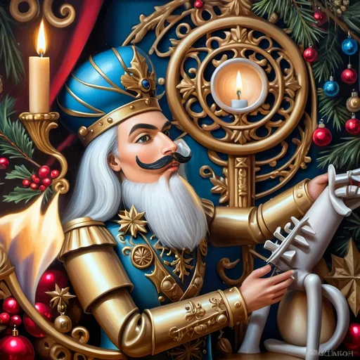 Prompt: a nutcracker with a candle and a candle holder in front of it, surrounded by christmas decorations, Anne Stokes, pop surrealism, extremely detailed oil painting, an airbrush painting