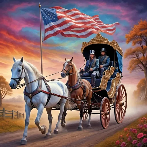 Prompt: a painting of a horse pulling a carriage with a man on it's back and a flag on the back, Anne Stokes, psychedelic art, highly detailed digital art, a detailed painting