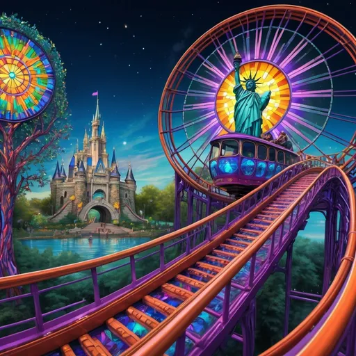 Prompt: (psychedelic art style), magicians riding a roller coaster, vibrant color scheme, enchanting whimsy, sparkle of surprise photos, intricate fine details, fantastical amusement park "Liberty Park" in D.C., dazzling stained glass coaster reflecting light, swirling patterns, immersive dreamlike experience, fantastical scenery around, high energy, ultra-detailed, 4K quality, radiant colors, magical ambiance.