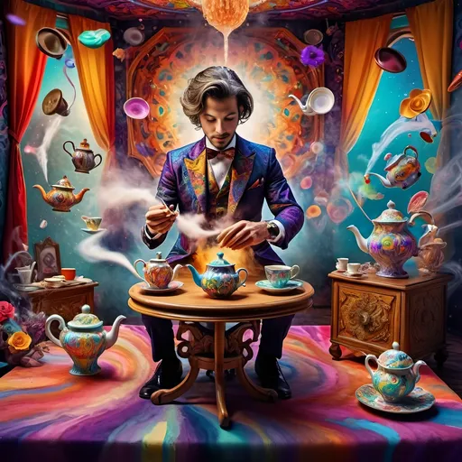 Prompt: (psychedelic still life portrait), vibrant colors, (magician jack-in-the-box man), whimsical tea party ambience, enchanting teapots, magical items animated around him, open book in front, dreamy and surreal atmosphere, intricate details, flowing patterns, mesmerizing depth, an explosion of colors, high-definition masterpiece, captivating and playful vibe.