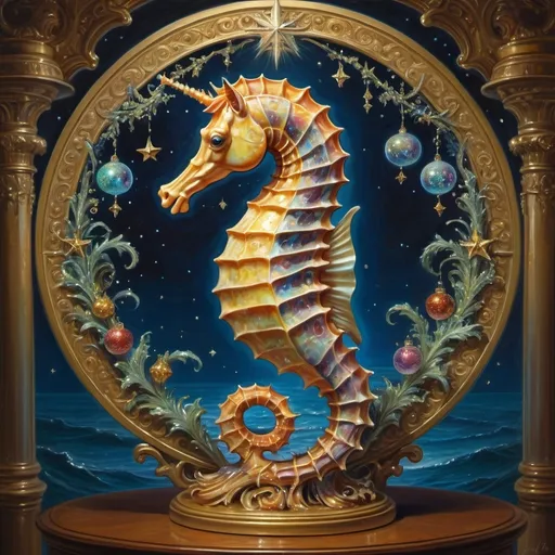 Prompt: (ultra-detailed) painting of a sea horse, magnificently perched on an ornate stand, surrounded by a captivating circular arrangement of (glimmering ornaments) and sparkling stars, with a shining star softly illuminating the background, crafted in the style of Donato Giancola, evoking a sense of enchanting fantasy, vibrant hues, and magical ambiance.