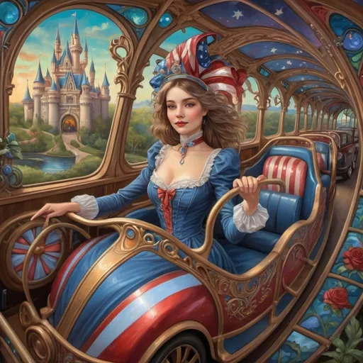 Prompt: (Renaissance oil on canvas) fine detail, (Art Nouveau style), whimsical Americana theme, soft pastel color scheme, enchanting atmosphere, magical roller coaster, woman magician in mask, expertly crafted stained glass first roller coaster car, elements of patriotism, intricate details, unique attractions, lush park landscape, enchanting fairytale ambiance, high quality, ultra-detailed, inviting and cheerful vibe, beautiful fantasy illustration showcasing patriotic enchantment.