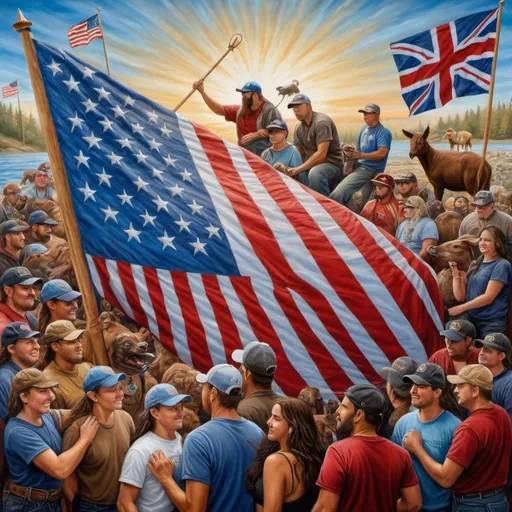 Prompt: (accurately spelled text "the real union"), painting of a flag, intricate details, surrounding people and animals, (regionalism), airbrush technique, highly detailed digital art, vibrant colors, dynamic composition, textured background, harmonious atmosphere, showcasing unity and diversity, emphasizing themes of community and teamwork, ultra-detailed, capturing depth and emotion, evocative imagery.