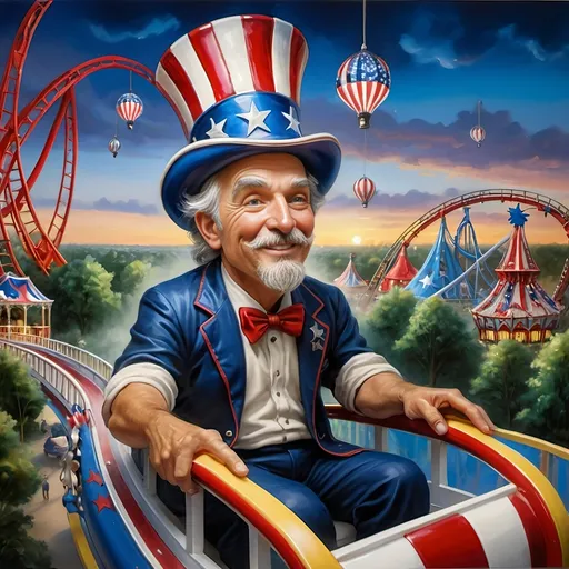 Prompt: A masterpiece painting by A Seven Wonders Art Glass Studio, (vibrant colors), depicting a man in a (patriotic hat) riding the (Freedom rollercoaster) in D.C.’s (new amusement park) named Freedom Park. The background features (dynamic amusement park rides), (lush greenery), and the spirit of (freedom) runs throughout. A symbolic homage to Nuit, with a (breathtaking sky) above, featuring (warm light) detailing and a victorious atmosphere, encapsulated in (ultra-detailed) art.