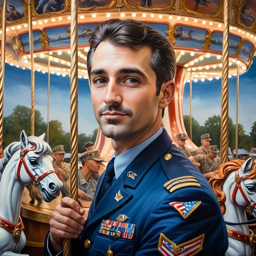 Prompt: (A masterpiece oil painting) of a man in (military uniform), riding the (Carousel of Heroes), vibrant colors highlighting the ornate design of the carousel. The scene is filled with a (nostalgic atmosphere), paying homage to (veterans and active military). Whispering elements of (honor) and (courage) are present, with artistic flourishes emphasizing the essence of (Nuit). The overall feel is (dramatic) and uplifting, portraying both valor and beauty in high definition.