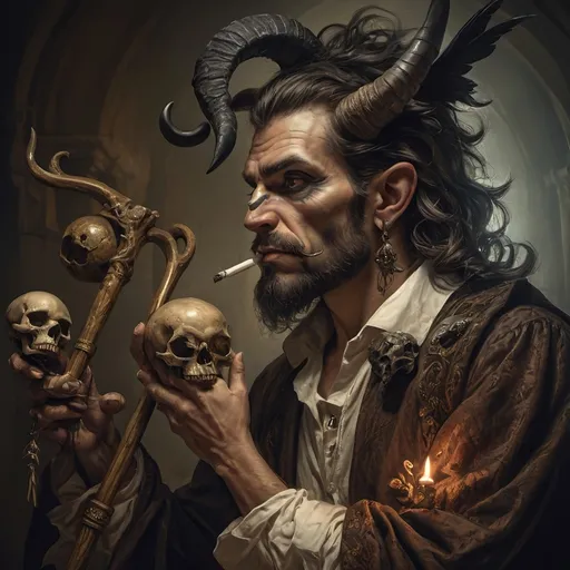 Prompt: (Renaissance still life), (man magician satyr), (dark color scheme), (elegant pose), (horns), holding a cane with skull orc, (crow perched on his shoulder), intricate details, moody ambiance, dim celestial lighting, rich textures, dramatic shadows, (stylized cane topped with a skull orb), ultra-detailed, high quality, evocative atmosphere.