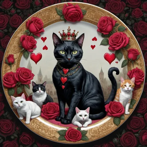 Prompt: a painting of a queen of hearts surrounded by cats and roses and roses on a plate with a cat on it, Craola, gothic art, highly detailed digital painting, an ultrafine detailed painting