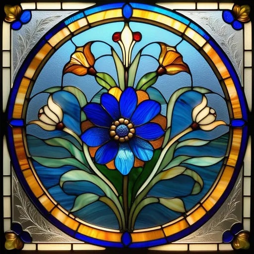 Prompt: (Seven Wonders Art Glass Studio stained glass window), intricate (exquisite detail), featuring a centerpiece of a vibrant blue flower, inspired by Flora Macdonald Reid, (Flemish Baroque style), rich colors, warm light filtering through glass, arts and crafts movement influences, ornate patterns and textures, elegant ambiance, masterfully crafted, high quality, ultra-detailed, artistic masterpiece.