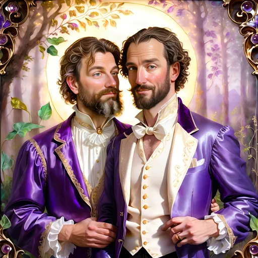 Prompt: (Seven Wonders Art Glass Studio) commissioned portrait, (oil on canvas), Renaissance Era painting, two male husbands celebrating wedding anniversary, bearded and chest-haired, honoring Nuit, mystical and esoteric scenery, atmospheric with soft, warm hues, golden light filtering through trees, intricate details, lush background resembling Pan's Arcadia, nostalgic and enchanting vibe, high quality, (ultra-detailed).