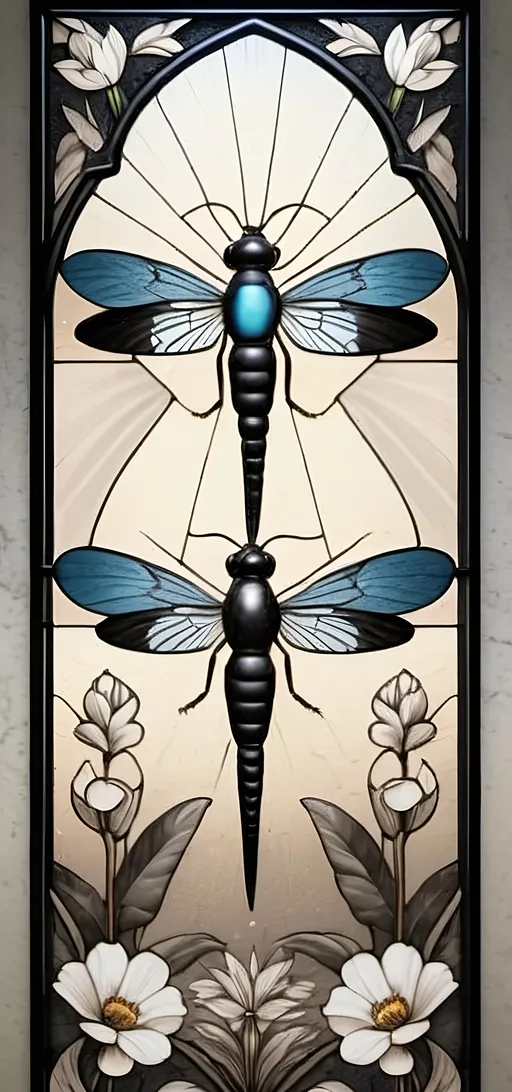 Prompt: Art Deco stained glass window design, (stunning floral patterns), honoring Nuit and Aeon of Horus, vibrant colors blending into delicate imagery, intricate details in glass texture, inspired by the elegance of Art Deco style, (highly detailed), warm ambient light filtering through glass, showcasing the beauty of craftsmanship, 4K quality, perfect for a serene art studio atmosphere.