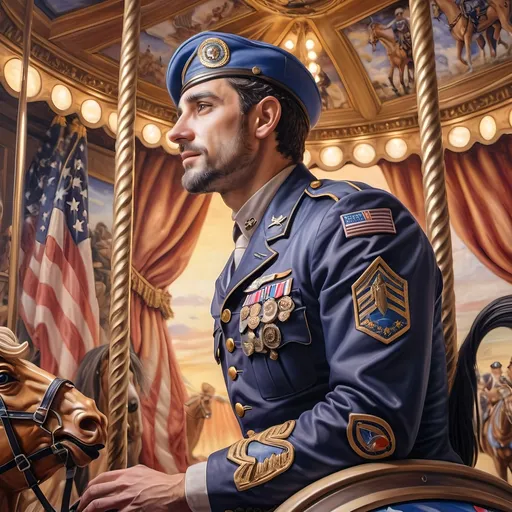 Prompt: (A Seven Wonders Art Glass Studio), oil renaissance painting, (vibrant colors), a man in military uniform, proudly riding on a Carousel of Heroes, surrounded by gracefully carved horses, soft, glowing ambiance, honoring veterans and those serving in the U.S. Military, warm golden lighting, intricate details in the uniform, carousel with richly adorned decorations, respectful atmosphere, high quality, ultra-detailed.