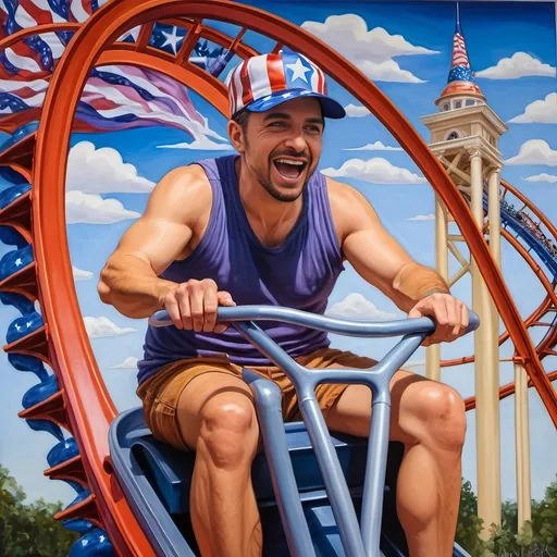 Prompt: A Seven Wonders Art Glass Studio masterpiece painting of a man in a patriotic hat riding Freedom rollercoaster in D. C.’s new amusement park named Freedom Park.  Honoring Nuit.