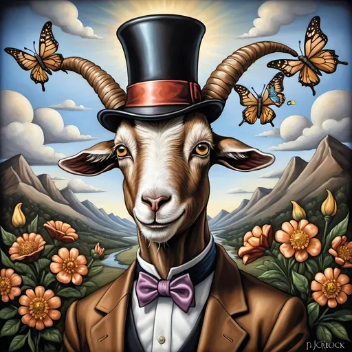 Prompt: A Seven Wonders Art Glass Studio oil masterpiece painting of a goat with a top hat and flowers on its head and a butterfly honoring Nuit.  Commissioned Spring Equinox 1467 Renaissance pop surrealism, pj crook, a detailed painting