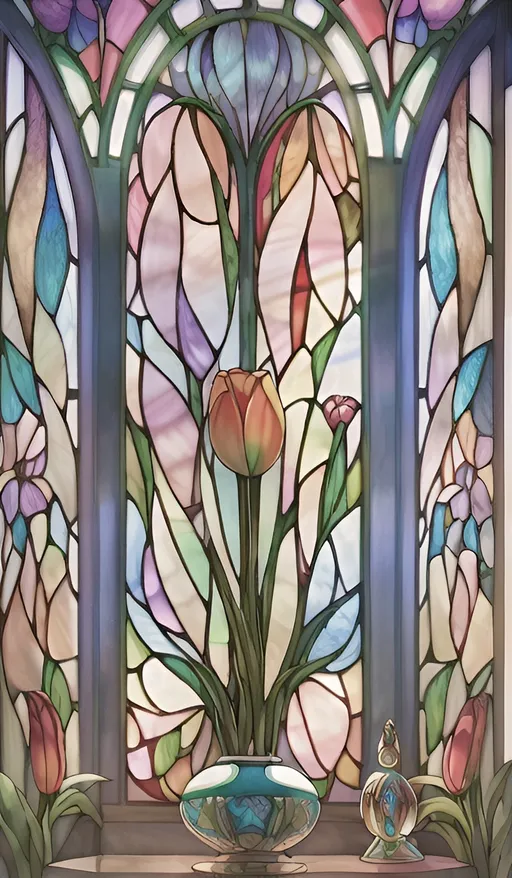 Prompt: (Art Deco tulip flower), detailed stained glass window design, central stem feature, (vibrant colors), capturing the essence of the Arts and Crafts movement, exquisite craftsmanship of Brothers Hildebrandt, modern Art Deco aesthetic, dynamic light play through glass, intricate patterns, high depth, 4K quality, elegant ambiance, artistic masterpiece.