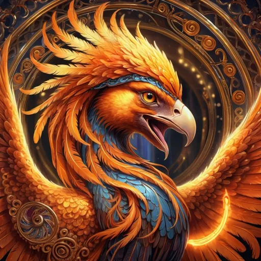 Prompt: a painting of a bird phoenix with orange and yellow feathers on it's head and wings, with a spiral design on its body, Anne Stokes, fantasy art, highly detailed digital art, an airbrush painting in front of a carousel