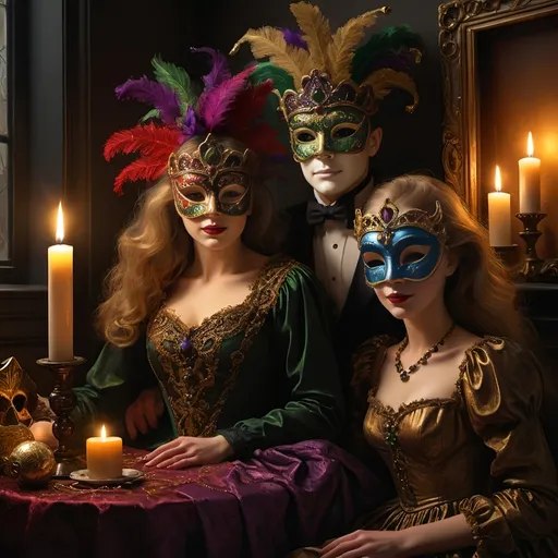 Prompt: (Marci Gras Christmas), (masks), (Ernest William Christmas), dramatic lighting, flickering candles casting a warm glow, rich textures reminiscent of the Renaissance, deep, moody shadows, ultra-detailed, high-quality brushwork, evocative use of chiaroscuro, intricate details that capture festive emotions, masterful mixing of vibrant and muted tones, visual narrative celebrating the holiday spirit in exquisite fine art style.