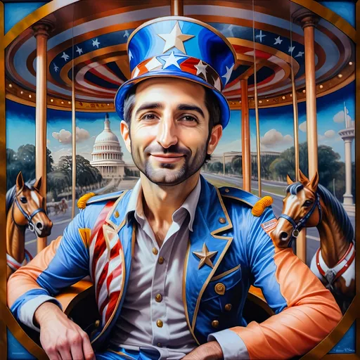 Prompt: (A Seven Wonders Art Glass Studio), oil renaissance painting, (vibrant colors), a man in military uniform, proudly riding on a Carousel of Heroes, surrounded by gracefully carved horses, soft, glowing ambiance, honoring veterans and those serving in the U.S. Military, warm golden lighting, intricate details in the uniform, carousel with richly adorned decorations, respectful atmosphere, high quality, ultra-detailed.