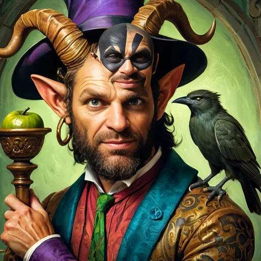 Prompt: Saturated (Renaissance style art) still life portrait, a (vibrant) satyr man magician with pronounced horns and a distinctive green tie, richly detailed features, and magical accessories. Surrounded by alluring objects that hint at mystery, a lush and enchanting background that enhances the character's qualities, showcasing enticing color depth, exceptional lighting, and HD quality.