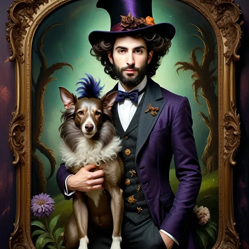 Prompt: (honoring Nuit), moon and stars) captivating handsome man magician, pointed witch hat, facial features highlighted, elegant beard, (renaissance baroque painting style), dark mystical background, rich deep colors with dramatic contrast, elements of Halloween celebration in still life arrangement, enigmatic ambiance, intricate shadows and light, (highly detailed), evoking intrigue and enchantment.