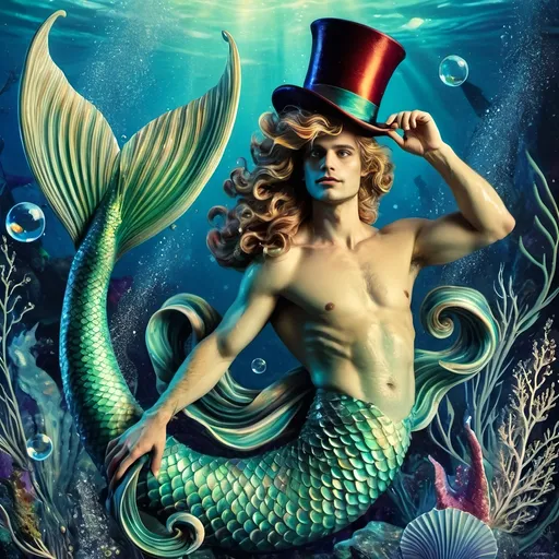 Prompt: a merman in a top hat and a mermaid tail is holding a fish in his hand and a hat is on his head, David LaChapelle, fantasy art, fantasy artwork, a character portrait