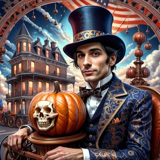 Prompt: art deco style portrait of a (man in a top hat) holding a (pumpkin), (still life) honoring Nuit, (magician), (intense magic) for all hallows eve, (vibrant color scheme), (sky background with clouds), digital painting by (Alejandro Burdisio), (gothic art), (highly detailed), character portrait, (dynamic and whimsical ambiance), (ultra-detailed), (4K).