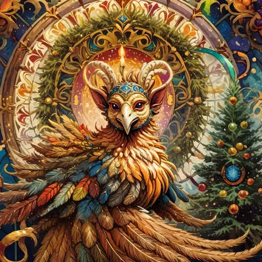 Prompt: (vibrant art nouveau still life), colorful magical painting, (intricate satyr man) with prominent horns, adorned with a festive wreath, holding a glowing candle, (ornate Christmas tree) in the background, rich intricate stained glass details, (refined porcelain influences), warm luminous lighting, lush textures, whimsical ambiance, and ultra-detailed craftsmanship that evokes the enchanting spirit of the holiday season.