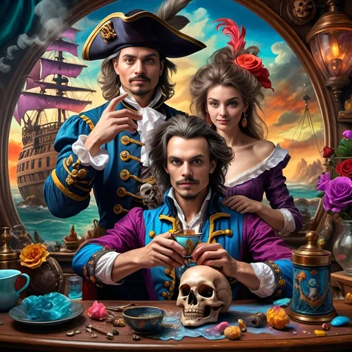 Prompt: (7 Wonders Art Glass Studio) Renaissance (oil painting) masterpiece, capturing the essence of honor and adventure, featuring a detailed portrayal of a pirate man and his lover dressed in Conquistador-era pirate costumes, gracefully posed in front of a majestic ship adorned with a skull, vibrant colors, dramatic lighting, highly detailed, fantastical elements, inspired by David Macaulay, showcasing the rich textures of oil paint, true artistry.