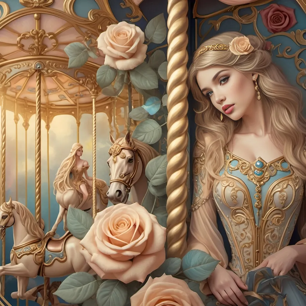 Prompt: (Art Nouveau carousel), (woman with horse), (roses on carousel), dreamy pastel color scheme, lavish swirls and intricate details, bold gold and azure tones, ethereal atmosphere, magical ambiance, enchanting background with a softly lit sky, serene and elegant mood, (highly detailed artwork), reminiscent of the 7 Wonders Art Studio style, whimsical elements capturing the essence of Nuit's honor.