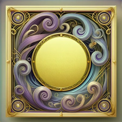 Prompt: (accurately spelled text "7 Wonders Art Glass Studio"), (art nouveau) painting, (art deco) influences, circular gold plate in center, ornate (gold and purple frame) with intricate swirls, vibrant gold and deep purple colors, richly detailed textures, whimsical and luxurious ambiance, evokes elegance and creativity, high-quality artwork, suitable for display in a contemporary art space, (game art) stylization elements.