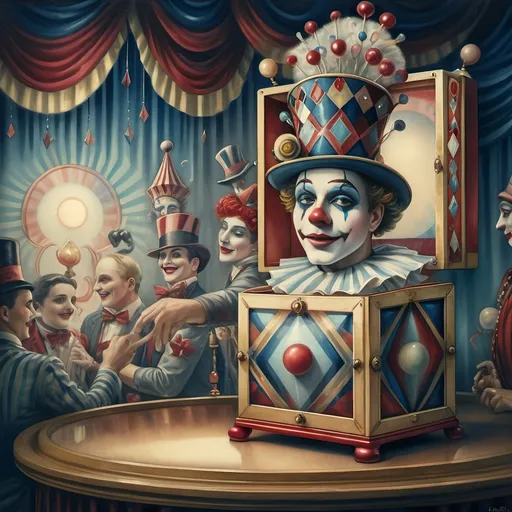 Prompt: A Seven Wonders Art Glass Studio Art Deco painting of a carnival with a magical whimsical clown in a music box at a freak show carnival on a stage with other freak-show magicians.   Dedicated to Nuit.