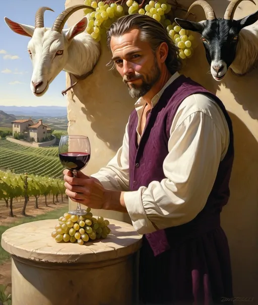 Prompt: a painting of a man holding grapes and a goat with a wine glass in his hand and a painting of a vineyard behind him, Donato Giancola, figurative art, highly detailed digital painting, a photorealistic painting