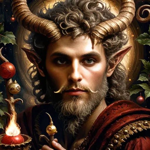 Prompt: A (captivating) oil painting depicting a (mysterious magician) with a (horned head), a (bird perched gracefully on his shoulder), holding a (beautifully crafted cane) and an (orb in his hand), beautifully capturing themes of (fantasy) and (transformation). Character portrait-style, influenced by (Clint Cearley's) signature artistry, with ethereal hues and (vivid detailing) honoring the legendary figures of (Pan and Nuit), set against a dreamy, (surreal background) that evokes wonder.