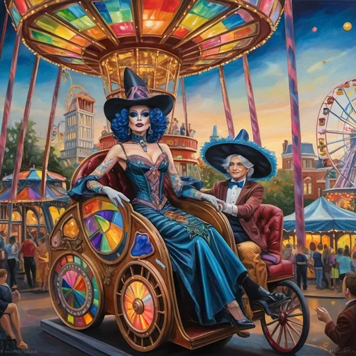 Prompt: (oil painting), psychedelic, a mesmerizing (Drag Queen magician) with an elaborate costume, riding a stunning Ferris Wheel crafted from colorful stained glass, a child sitting in his lap, drag queen story hour, vibrant and surreal, set in D.C.'s Liberty Amusement Park, iconic D.C. monuments and attractions in the backdrop, dramatic lighting, rich colors, ultra-detailed and dynamic composition.