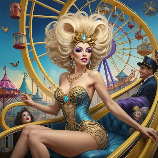 Prompt: (A stunning oil masterpiece) of a group of drag queens in (fancy clothing), joyfully riding the Nation’s New drag queen roller coaster in Liberty Park, vibrant colors and dazzling details, dramatic expressions of excitement, adorned with shimmering accessories, against a whimsical background filled with a Ferris Wheel of Drag Queens, honoring Nuit, surrounded by local attractions, (highly detailed, ultra-realistic).