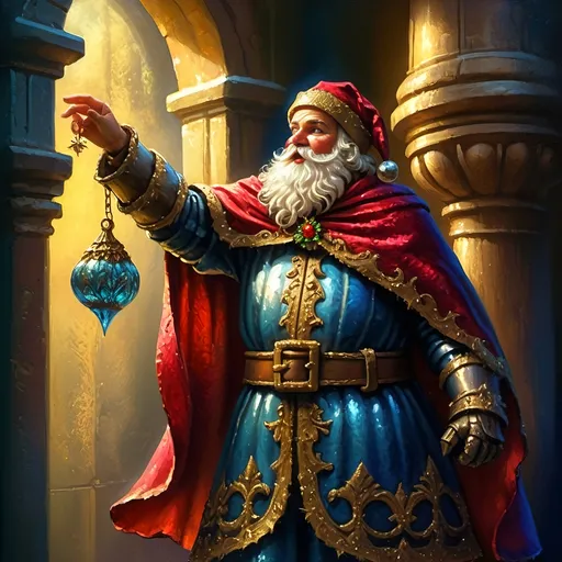 Prompt: An oil on canvas a knight dressed as a santa clause (in honor of Nuit) in a dark city with a light shining on him and a red cape, Ernest William Christmas, antipodeans, epic fantasy character art, concept art