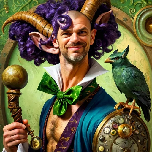 Prompt: Saturated (Renaissance style art) still life portrait, a (vibrant) satyr man magician with pronounced horns and a distinctive green tie, richly detailed features, and magical accessories. Surrounded by alluring objects that hint at mystery, a lush and enchanting background that enhances the character's qualities, showcasing enticing color depth, exceptional lighting, and HD quality.