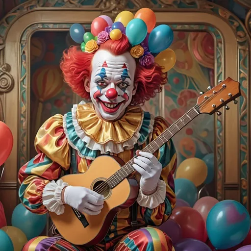 Prompt: (clown with a guitar, balloons on head), (art nouveau style), (vibrant color scheme), whimsical atmosphere, intricate floral patterns, airy and cheerful vibe, (highly detailed digital painting), ultrafine details, playful expressions, dynamic pose, elaborately designed clown costume, festive background elements, showcasing vivid colors and textures, (4K), captivating composition.