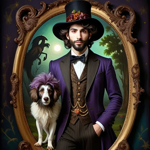 Prompt: (honoring Nuit), moon and stars) captivating handsome man magician, pointed witch hat, facial features highlighted, elegant beard, (renaissance baroque painting style), dark mystical background, rich deep colors with dramatic contrast, elements of Halloween celebration in still life arrangement, enigmatic ambiance, intricate shadows and light, (highly detailed), evoking intrigue and enchantment.